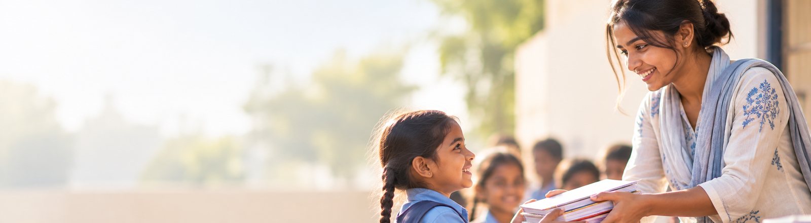 A teacher handing a stack of new notebooks to a smiling schoolgirl