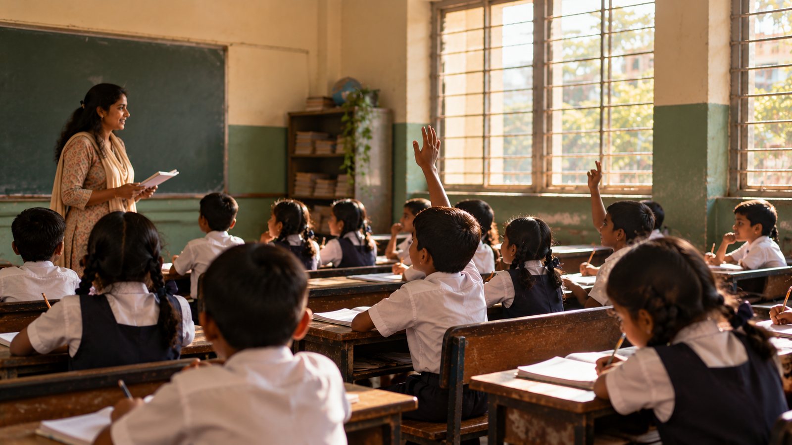 A teacher at the blackboard with a full classroom of children, several with hands raised