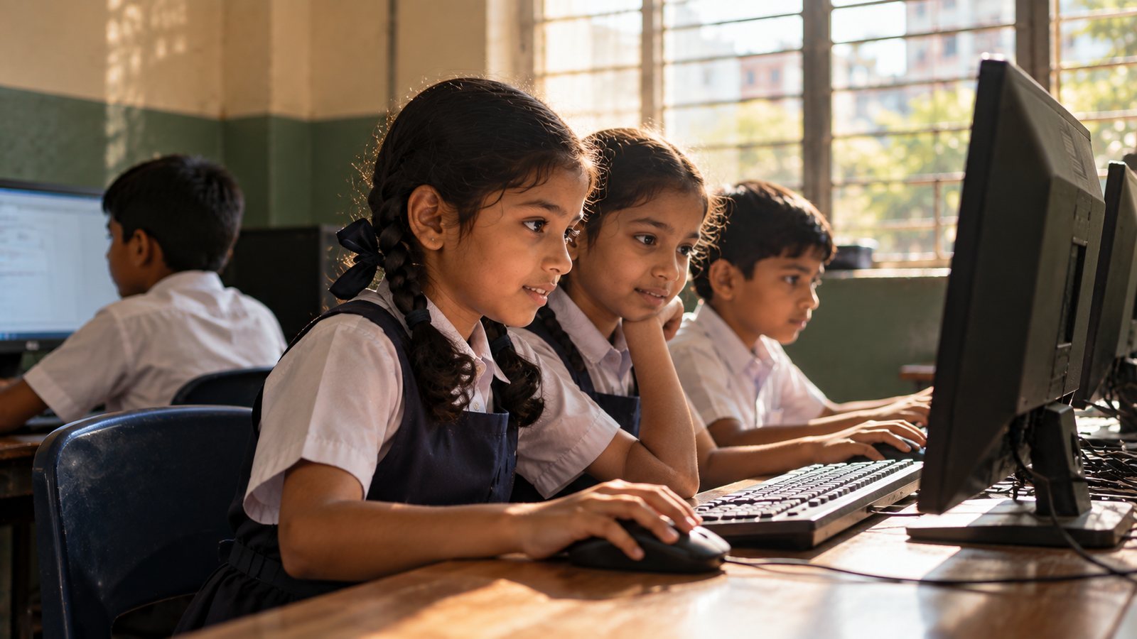 Three children sharing a row of desktop computers in a school computer lab