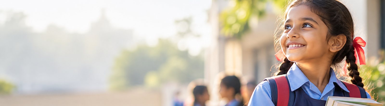 A schoolgirl in a blue uniform, holding her books outside her school and smiling towards the sky