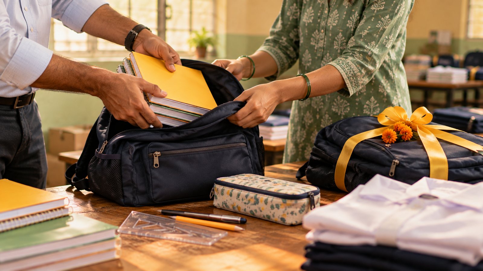 Two volunteers packing new notebooks into a navy school bag, beside a finished kit tied with a yellow ribbon and marigolds