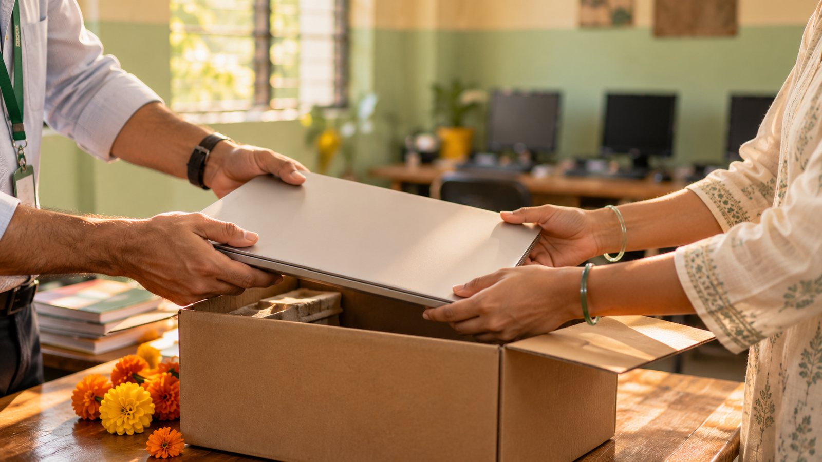 A company volunteer and a centre coordinator lifting a new laptop out of its box in the computer lab