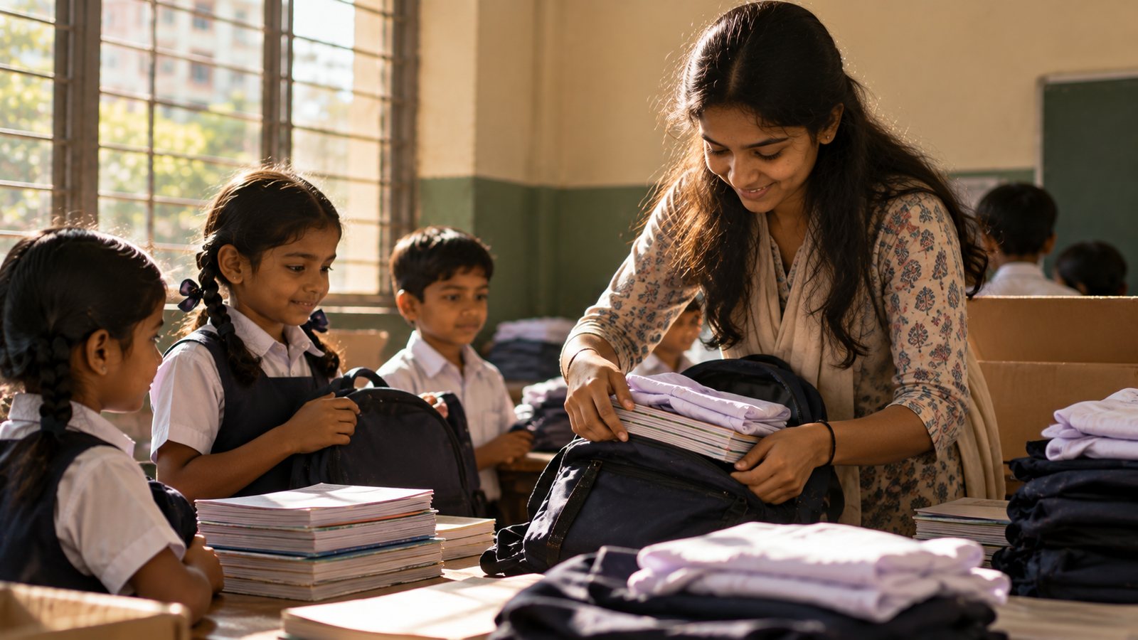 A volunteer packing notebooks and a uniform into a school bag while children look on