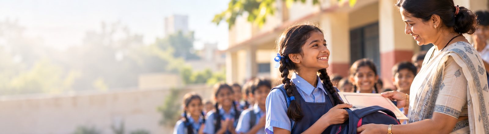 A girl in school uniform receiving a scholarship letter and a new school bag