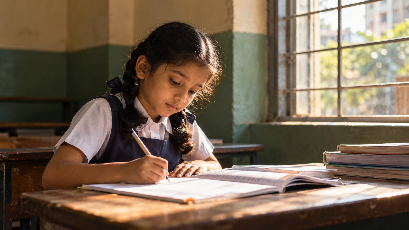 A schoolgirl writing in her exercise book at a wooden desk beside a classroom window