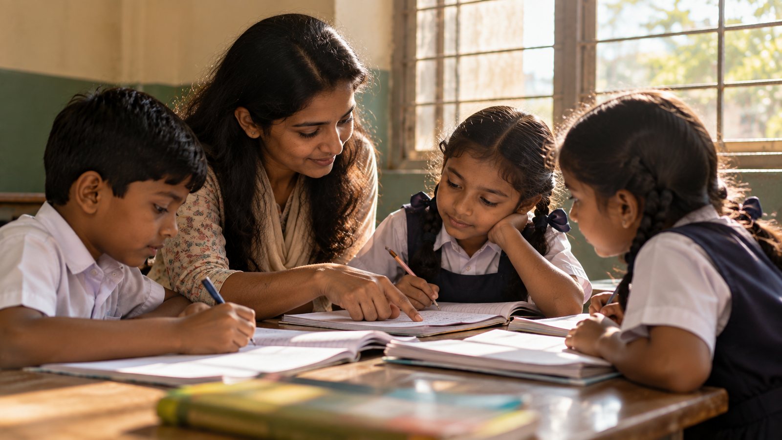 A tutor leaning over a desk to guide three children through their exercise books
