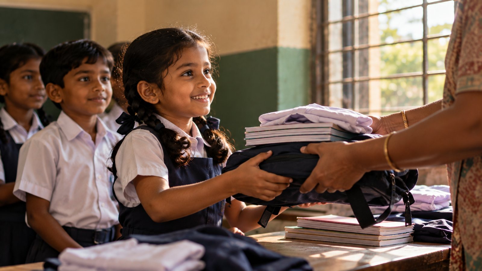 A smiling schoolgirl taking a folded uniform, notebooks and a school bag from a teacher